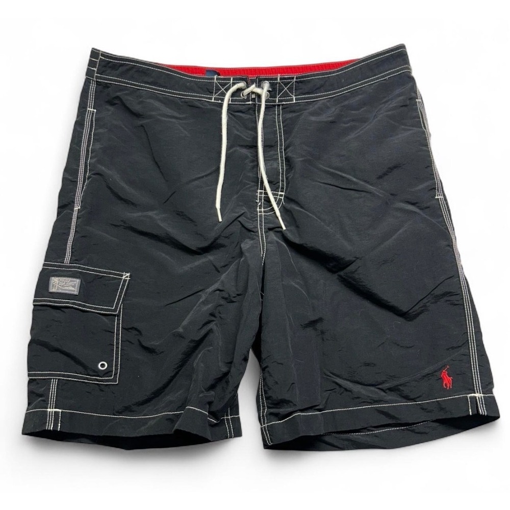 Polo Ralph Lauren Mens Black Cargo Swim Trunks Board Shorts Red Pony Size L